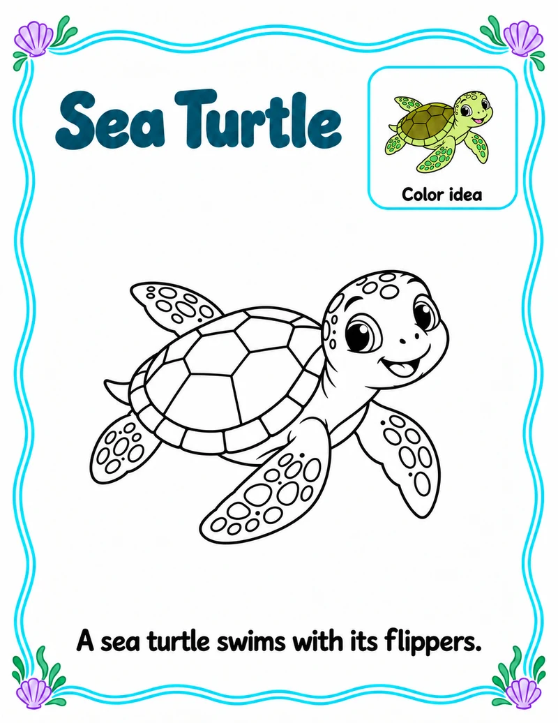 Sea turtle coloring page with a color reference and simple fact